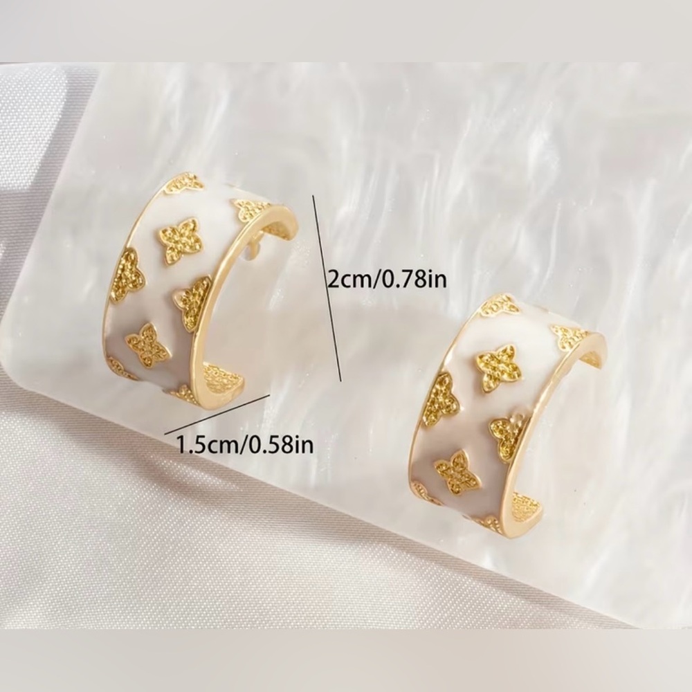 Gold & White Huggie Earrings - Picture 2 of 2